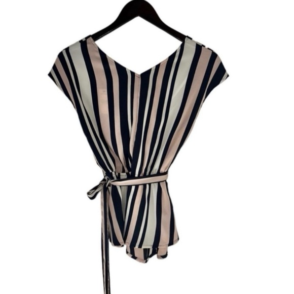 Express Navy Light Pink White Stripe V-Neck Short Sleeve Wrap Top Size Small - Picture 5 of 8